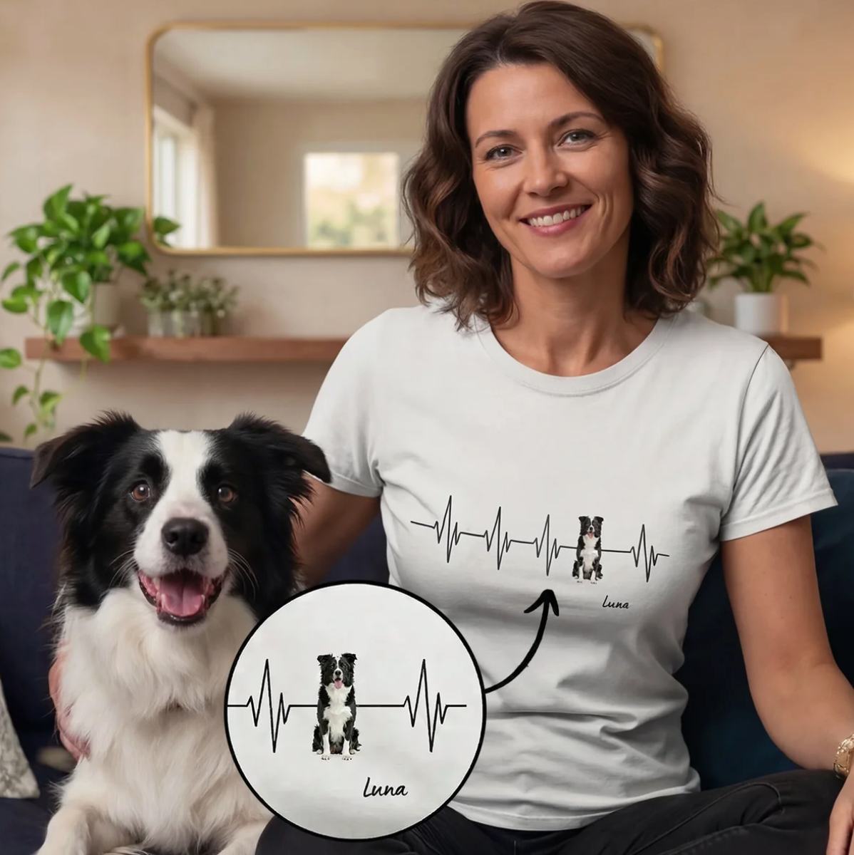 T-shirt bianca con design battito cardiaco personalizzato e motivo di cane. Donna seduta sul divano con un cane.