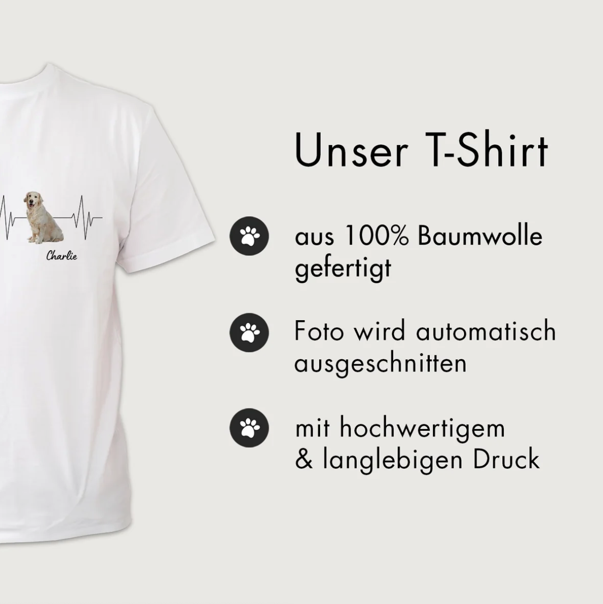 T-shirt bianca in 100% cotone con motivo di cane e design battito cardiaco. Opzione nome personalizzato.