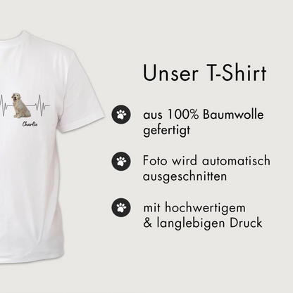 T-shirt bianca in 100% cotone con motivo di cane e design battito cardiaco. Opzione nome personalizzato.