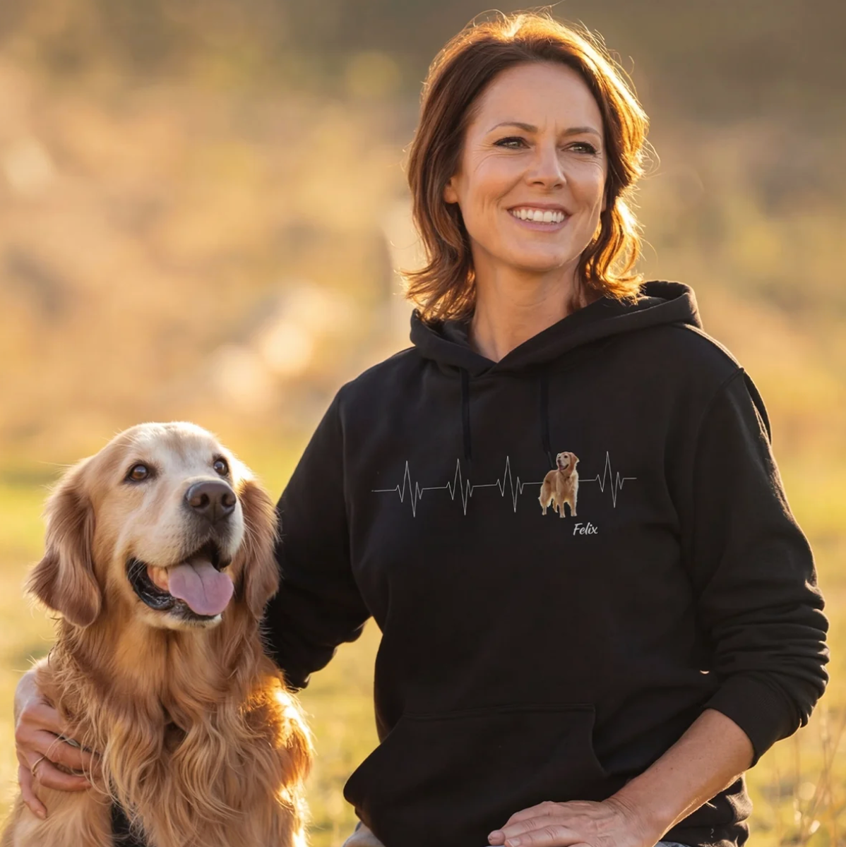 Felpa con cappuccio nera con motivo battito cardiaco e golden retriever, personalizzata con il nome "Felix".