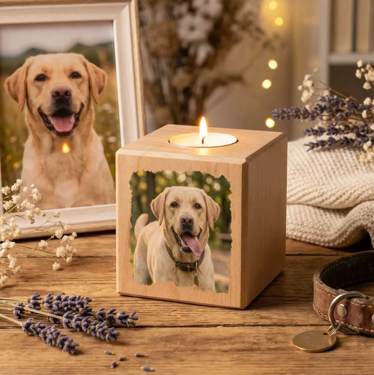 Cubo portacandela in legno con foto di un cane. Candela accesa, circondata da lavanda e una cornice.