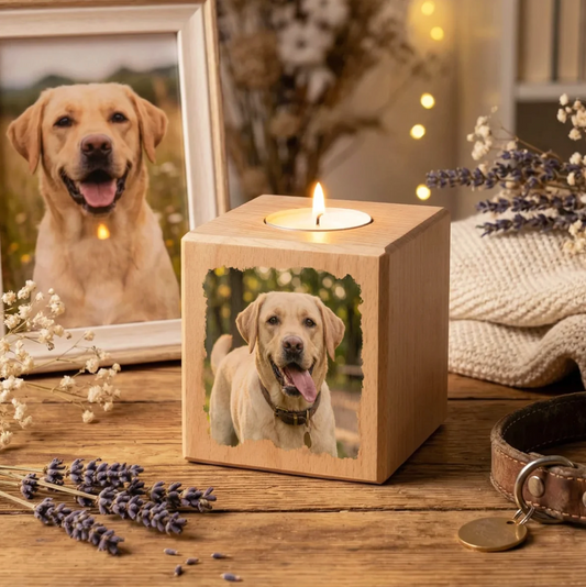 Cubo portacandela in legno con foto di un cane. Candela accesa, circondata da lavanda e una cornice.