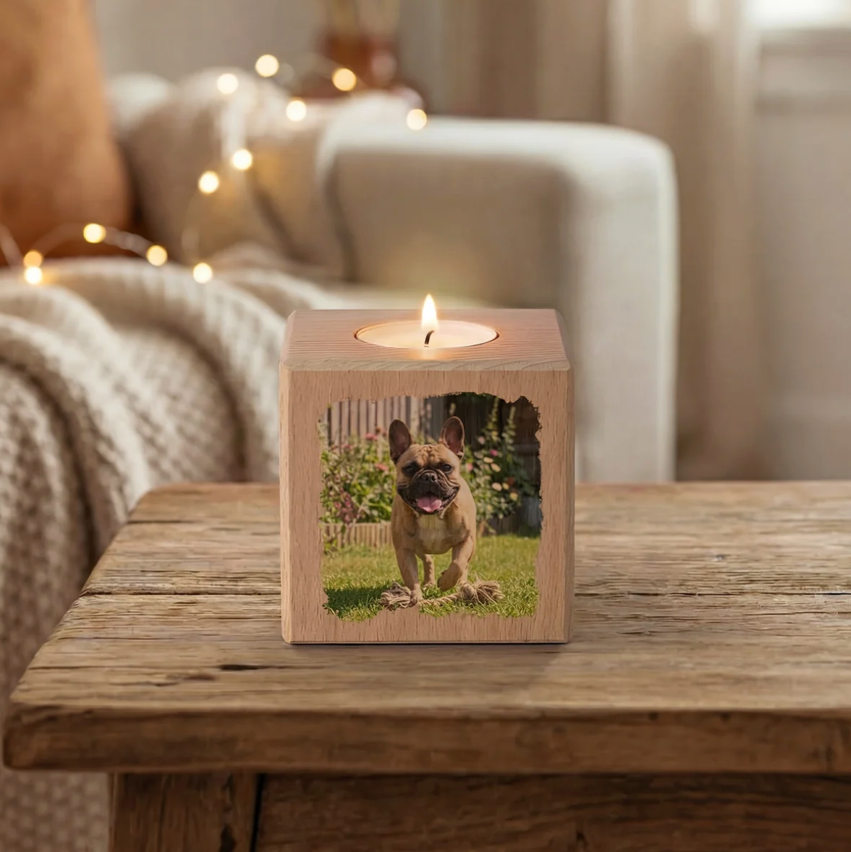 Cubo portacandela in legno personalizzato con foto e candela accesa sopra.
