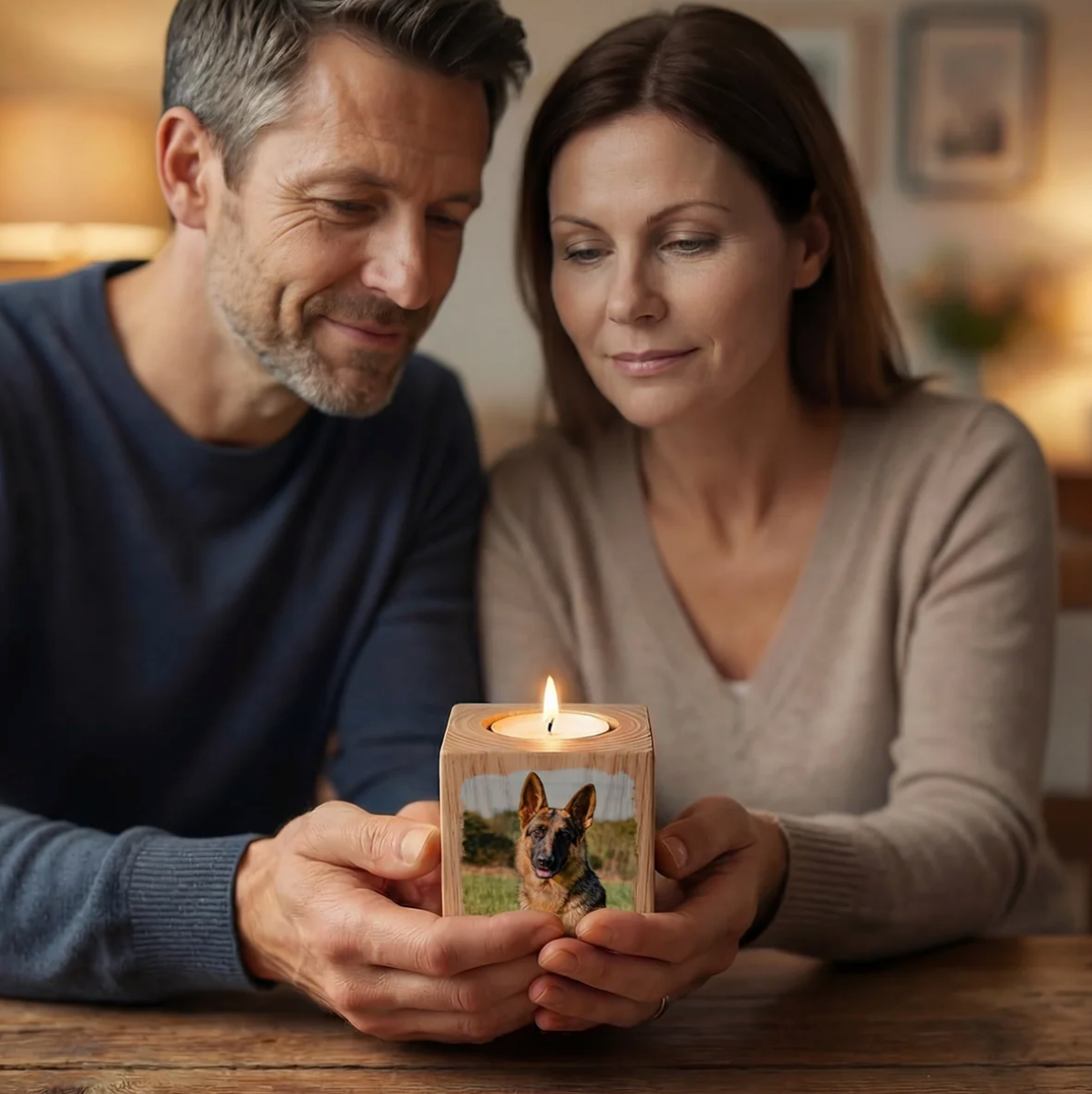 Persone che tengono insieme un cubo portacandela in legno personalizzato con foto e candela accesa.