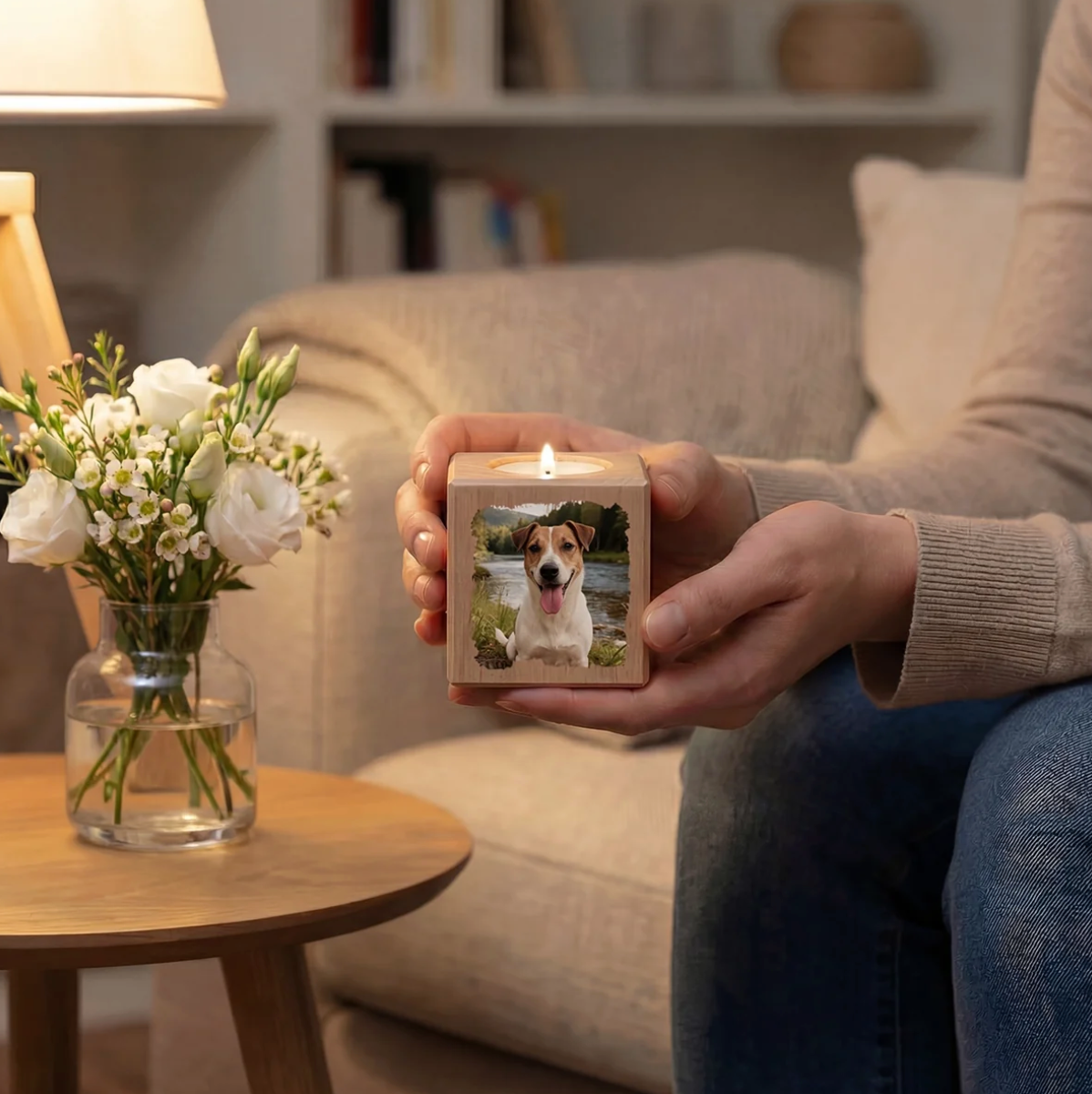 Cubo portacandela in legno personalizzato con foto di cane, acceso e tenuto in mano.