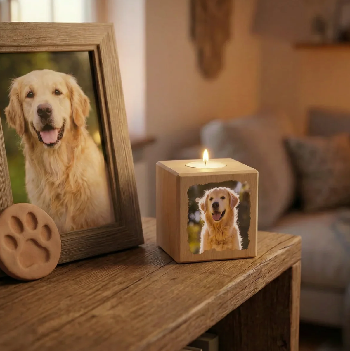 Cubo portacandela in legno personalizzato con foto di cane, tealight sopra, colore legno.