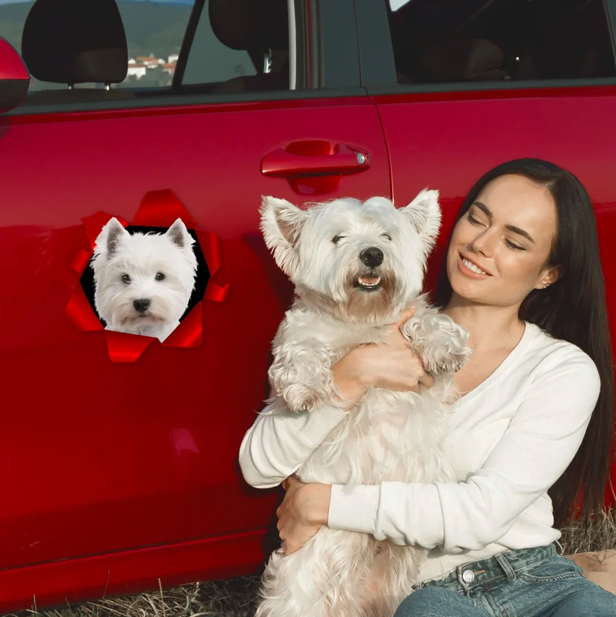 Persona con un cane bianco, auto rossa sullo sfondo, adesivo per auto con foto di cane.