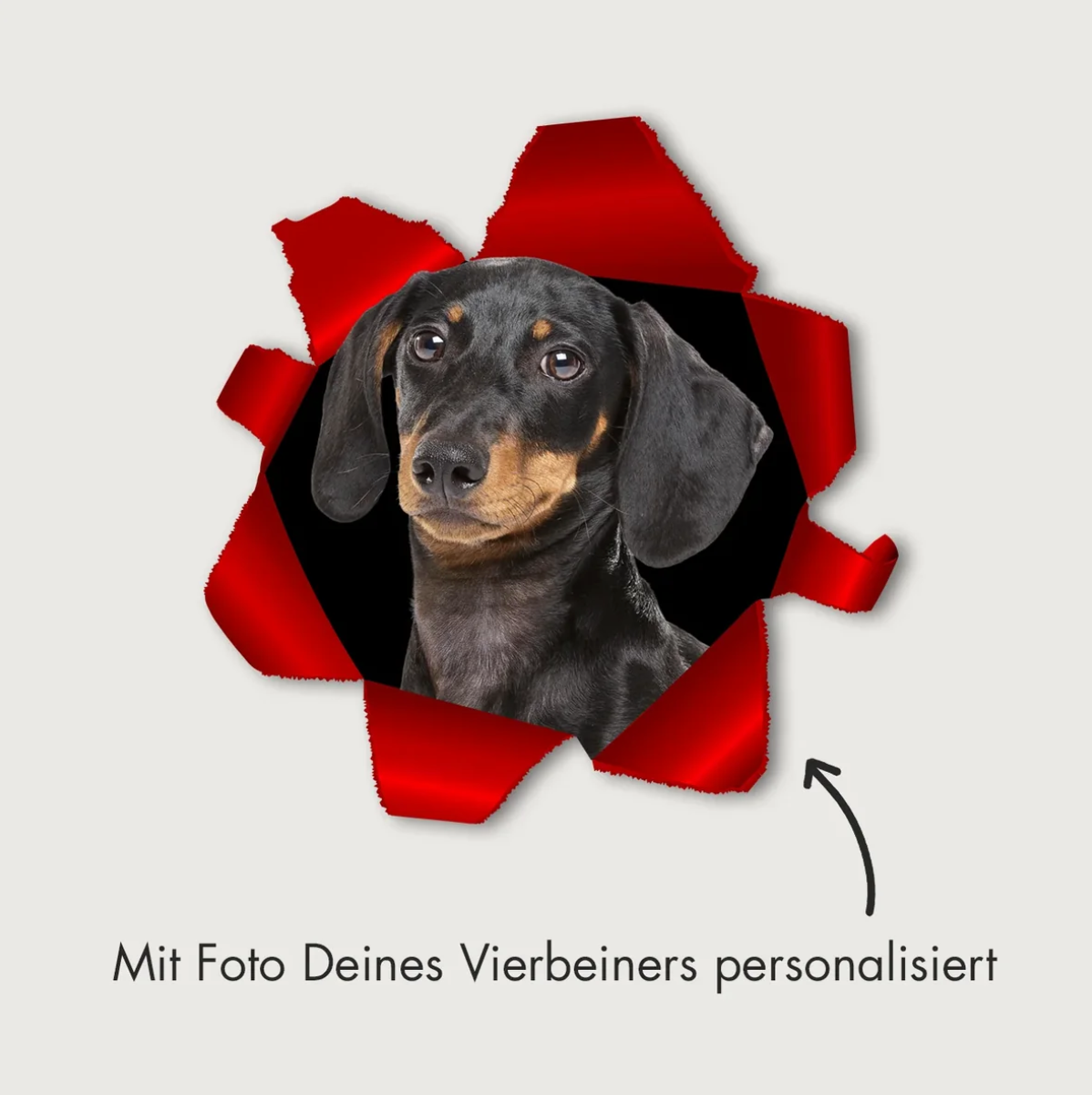 Adesivo per auto personalizzato con foto di cane su sfondo rosso.