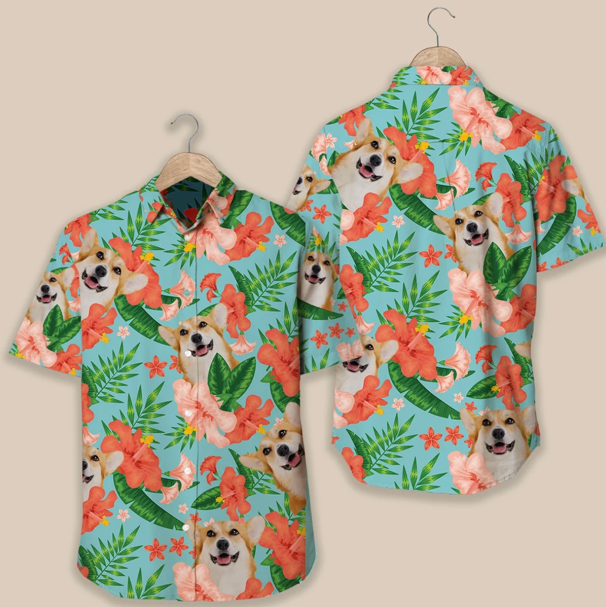 Camicia hawaiana personalizzata con design floreale colorato e motivo di cane, in materiale leggero.