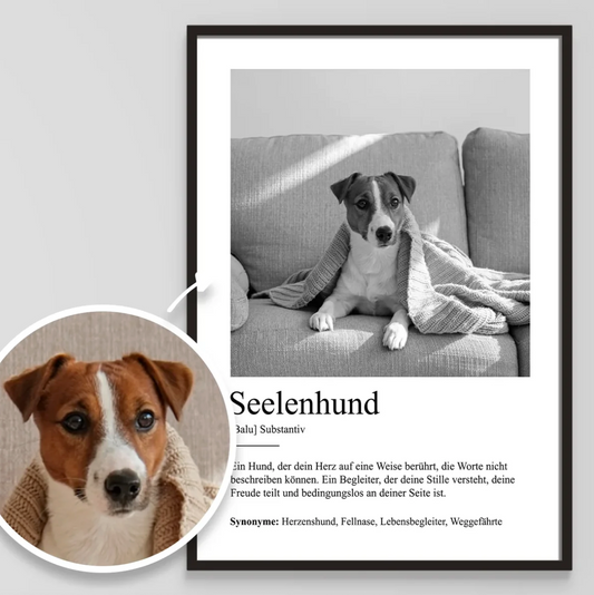 Poster personalizzato con la definizione di anima gemella animale e una foto di cane sullo sfondo.