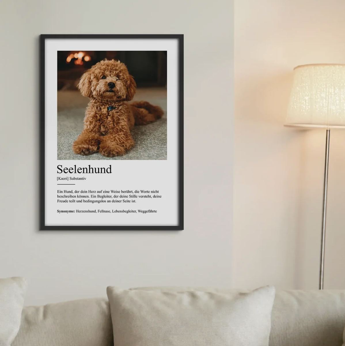 Poster personalizzato con la definizione "Seelenhund" e foto di un cane in una cornice nera.