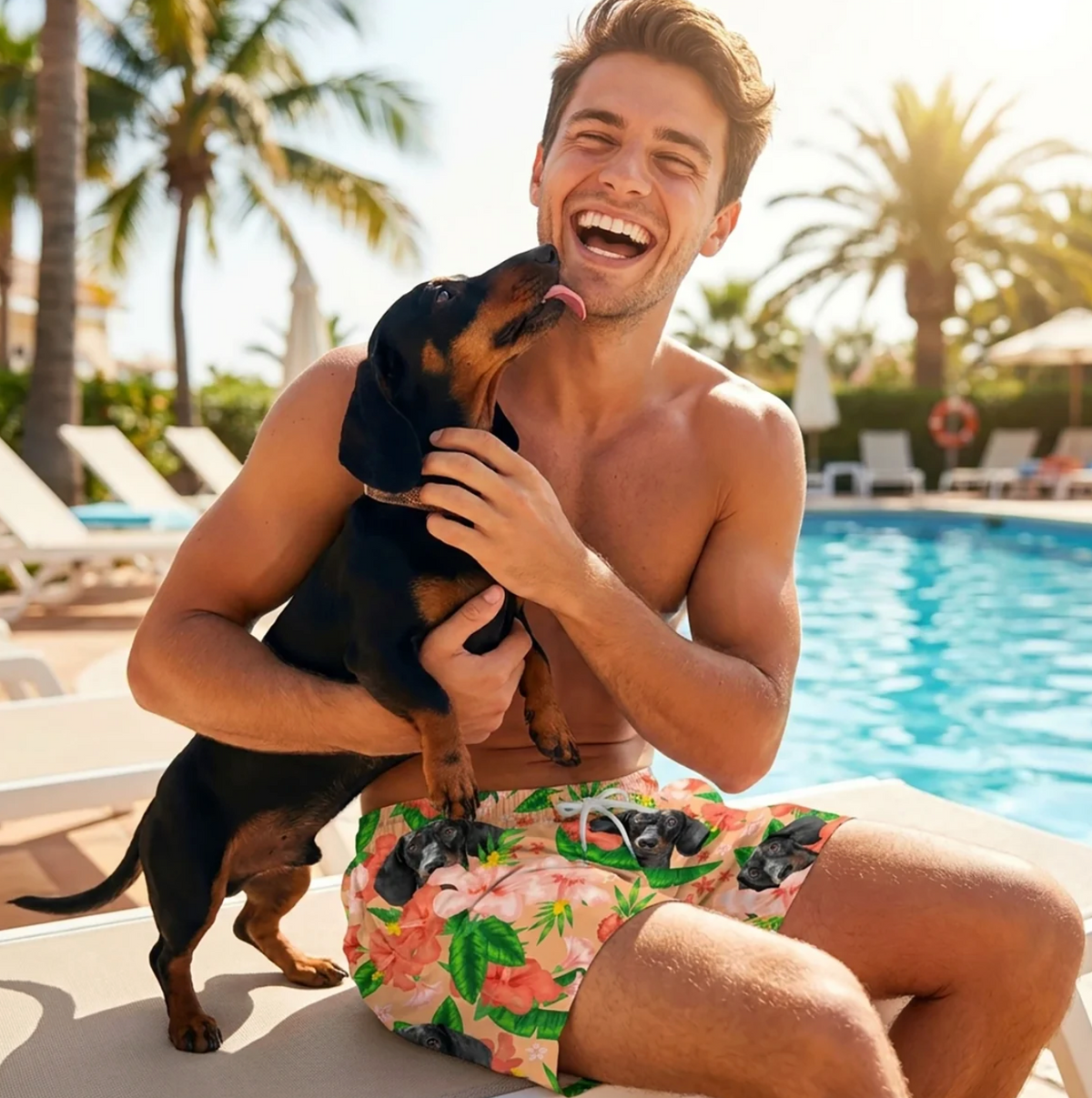 Uomo con cane nero seduto a bordo piscina, con costume colorato a fantasia di fiori e cani.