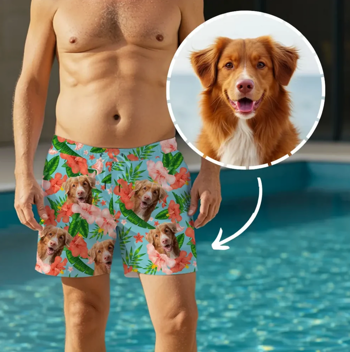 Costume da bagno personalizzato con design floreale colorato e motivo di cane su sfondo blu.