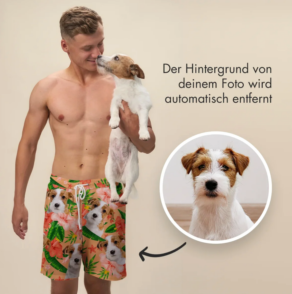 Uomo con costume corto stampato con cani e fiori, tiene un cane in braccio.