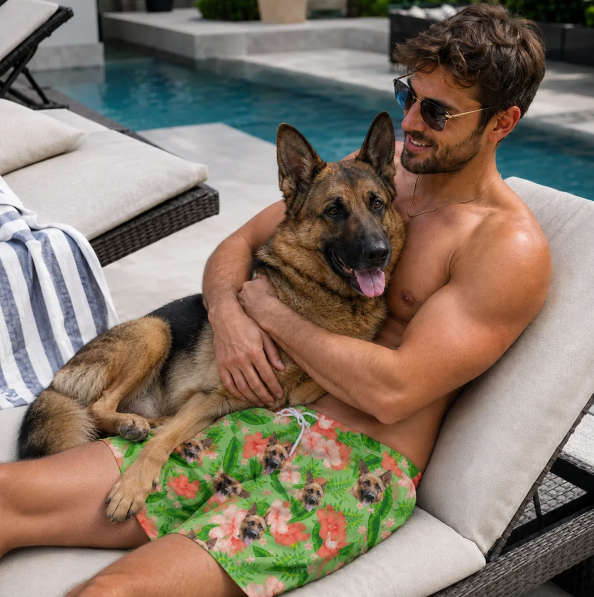 Persona seduta su un lettino a bordo piscina con costume personalizzato con cani su sfondo verde.