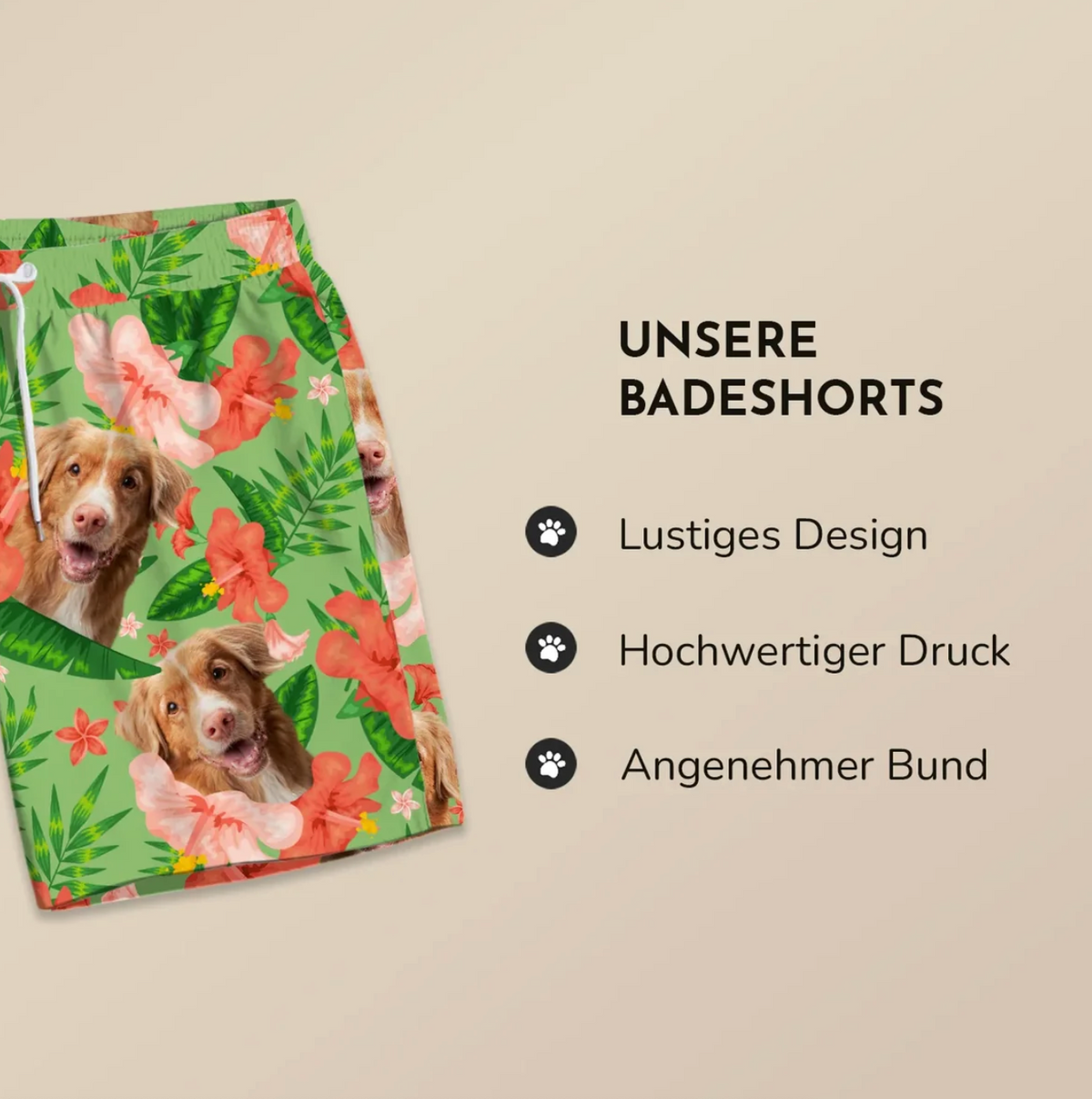 Costume da bagno personalizzato con motivo floreale colorato e foto di cane, sfondo verde ed elastico in vita.