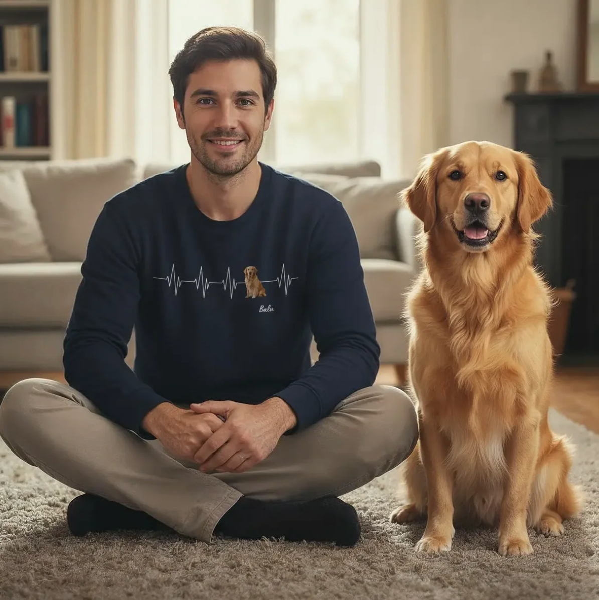 Uomo seduto sul tappeto del soggiorno con felpa nera con motivo battito cardiaco, accanto un golden retriever.