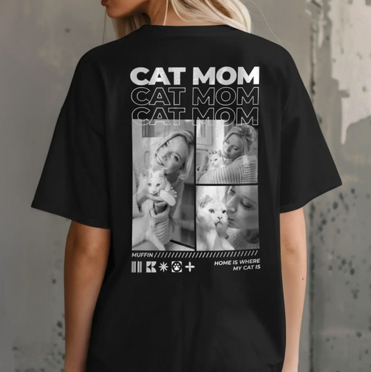 T-shirt nera con la scritta "Cat Mom" e foto di gatti e di una donna sul retro.