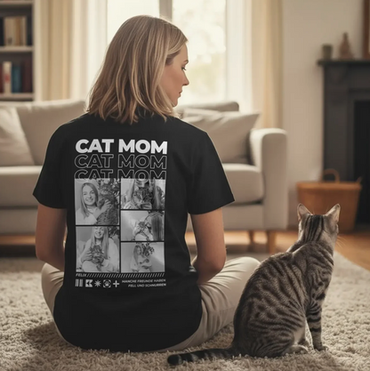 T-shirt nera con la scritta "CAT MOM" e foto di animali sul retro, indossata da una donna con un gatto.