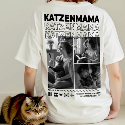 T-shirt bianca con la scritta "Katzenmama" e collage di foto di padrone di gatti.