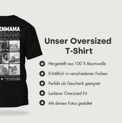 T-shirt nera personalizzata con la scritta "Cat Mom", 100% cotone, vestibilità oversize comoda.