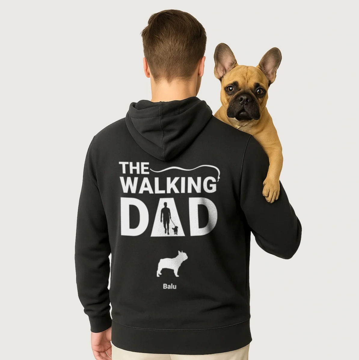 Felpa con cappuccio nera con la scritta "THE WALKING DAD" e un motivo di cane sul retro.