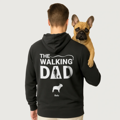 Felpa con cappuccio nera con la scritta "THE WALKING DAD" e un motivo di cane sul retro.