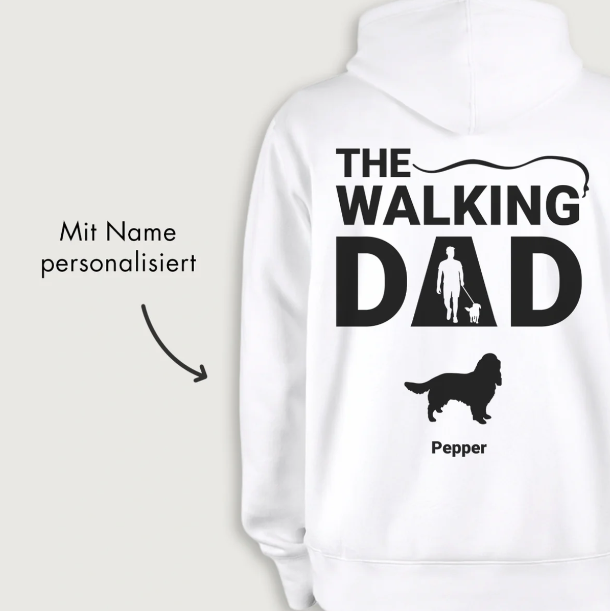 Felpa con cappuccio bianca con stampa grafica "THE WALKING DAD" e nome personalizzabile.