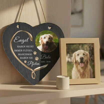 Decorazione a cuore in ardesia personalizzata con foto di cane e scritta.
