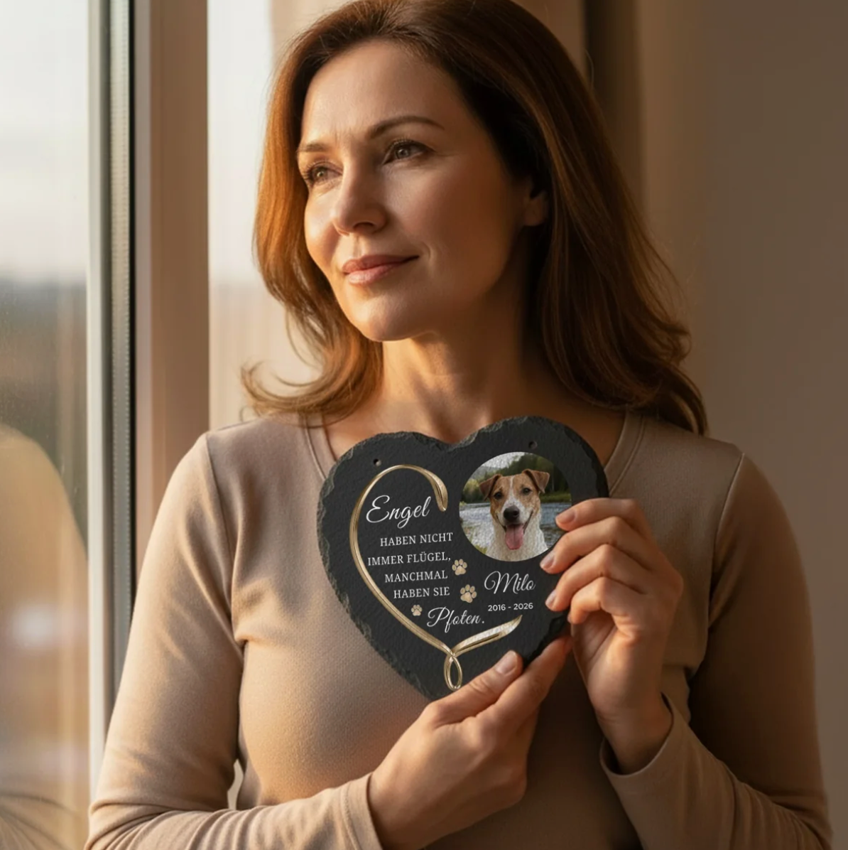 Lastra a cuore in ardesia personalizzata con iscrizione e foto di cane, tenuta da una donna.