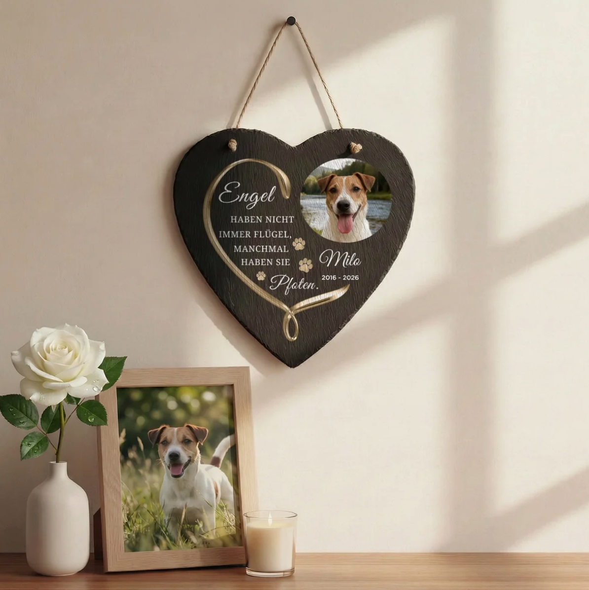 Cuore in ardesia con testo inciso e spazio per foto di animali, nero, personalizzabile.