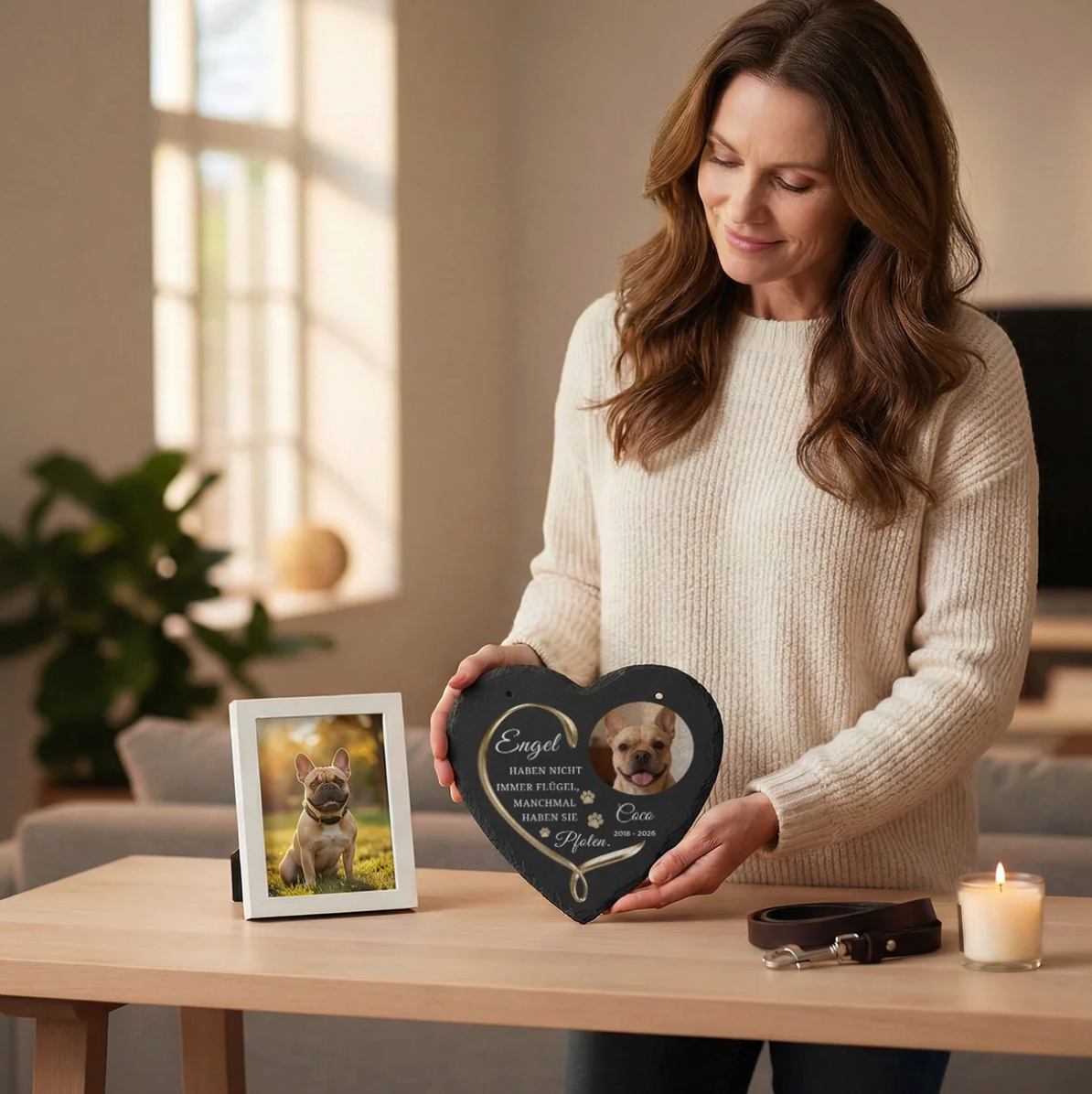 Cuore in ardesia personalizzabile con foto e testo, nero, tenuto da una donna. Decorazione su un tavolo.