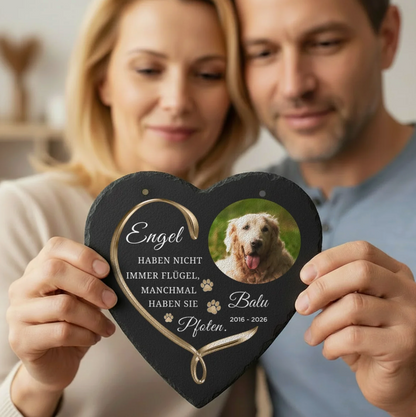 Decorazione a cuore in ardesia personalizzata con testo inciso e foto di cane.