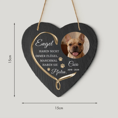 Cuore in ardesia con incisione personale, foto di cane, scritta dorata, dimensioni 15x15 cm.