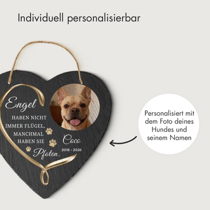 Cuore in ardesia inciso, personalizzabile con foto di cane e nome, grigio scuro.