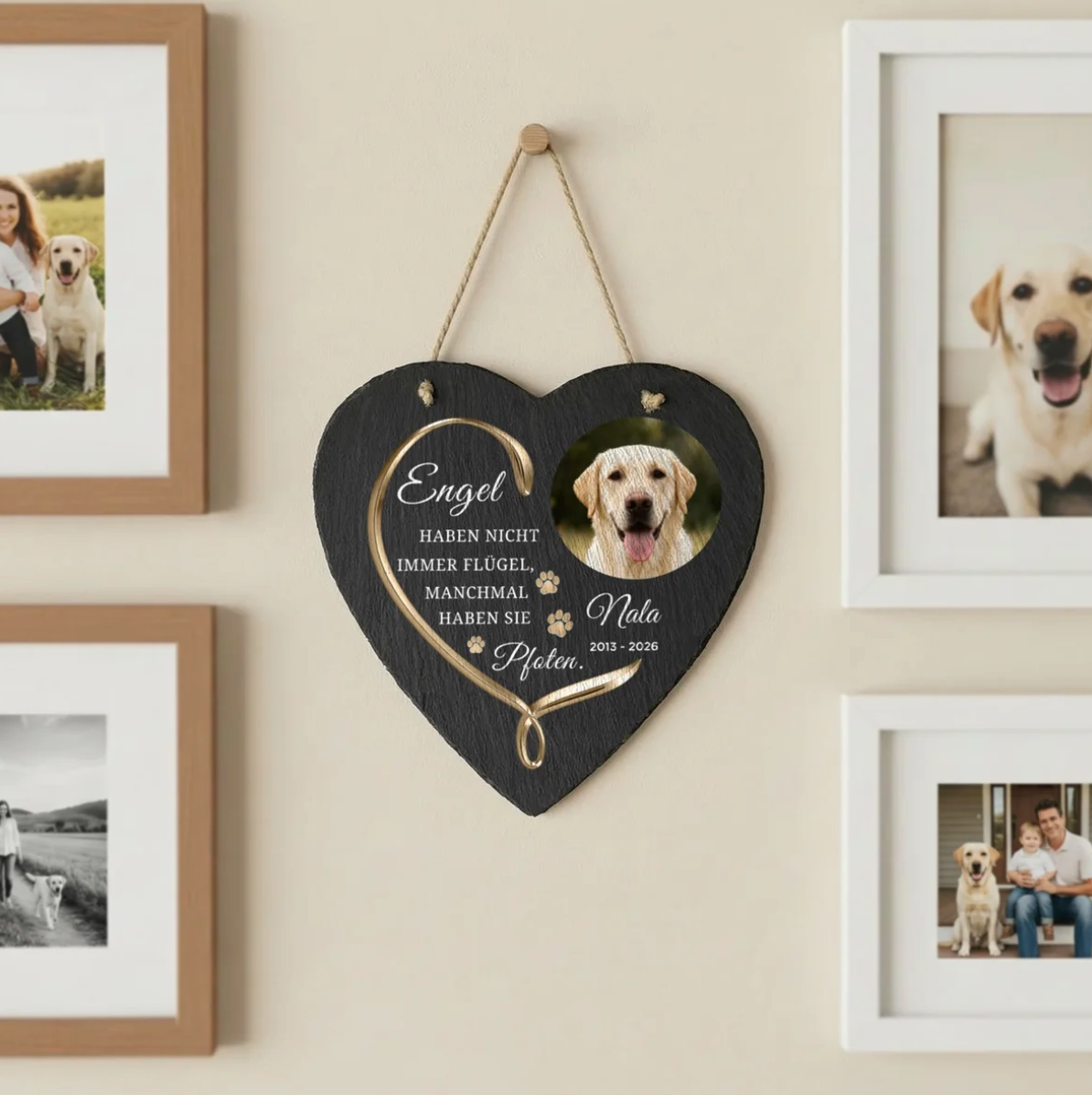 Cuore in ardesia personalizzato con sfondo nero e foto di un cane.