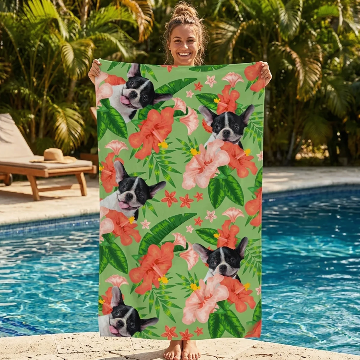 Telo mare personalizzabile con sfondo verde e fantasia colorata di fiori e cani.