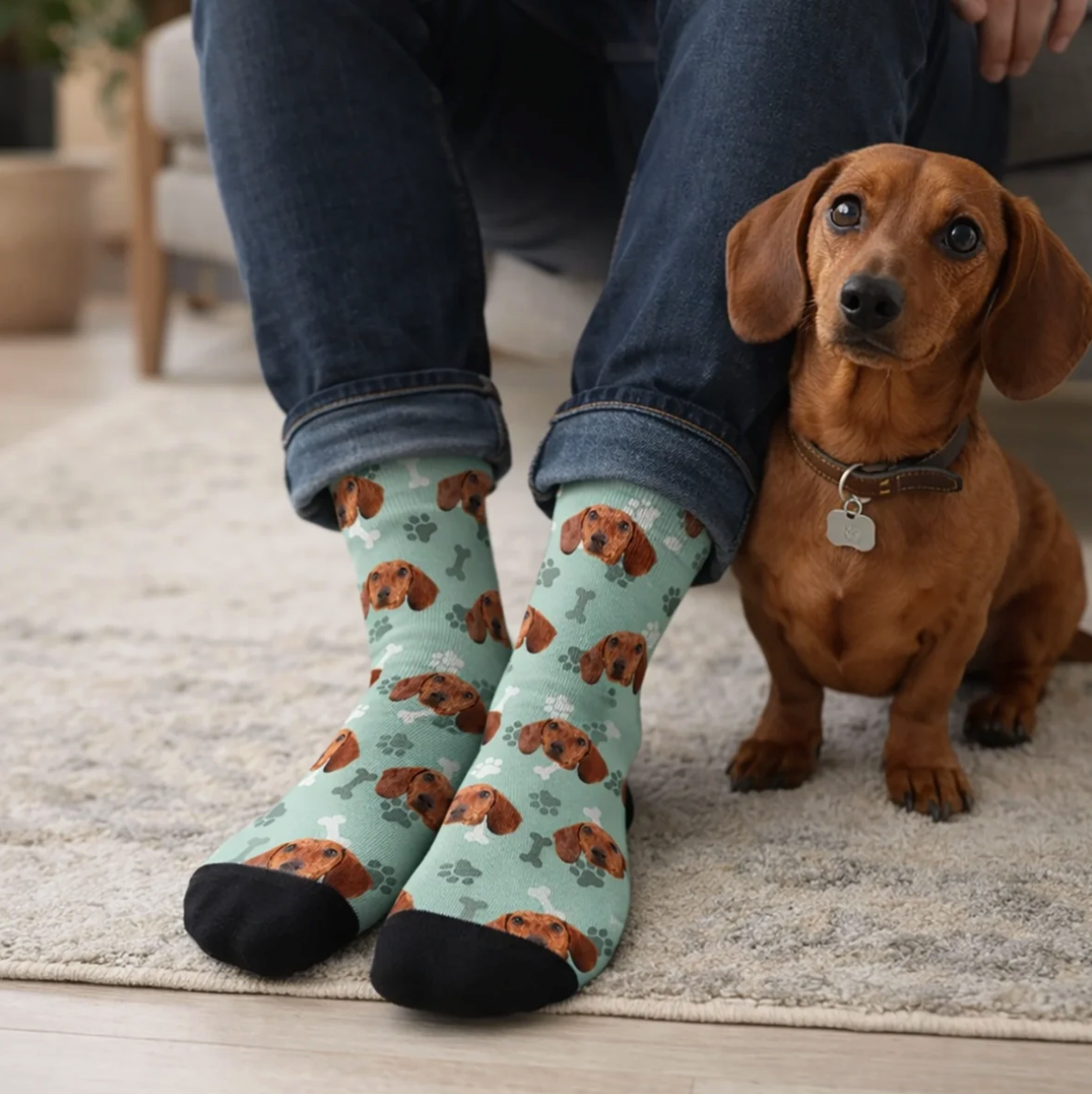 Calzini personalizzati verde menta con motivo di cane e piede nero, indossati da una persona. Cane seduto accanto.