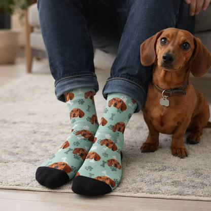 Calzini personalizzati verde menta con motivo di cane e piede nero, indossati da una persona. Cane seduto accanto.