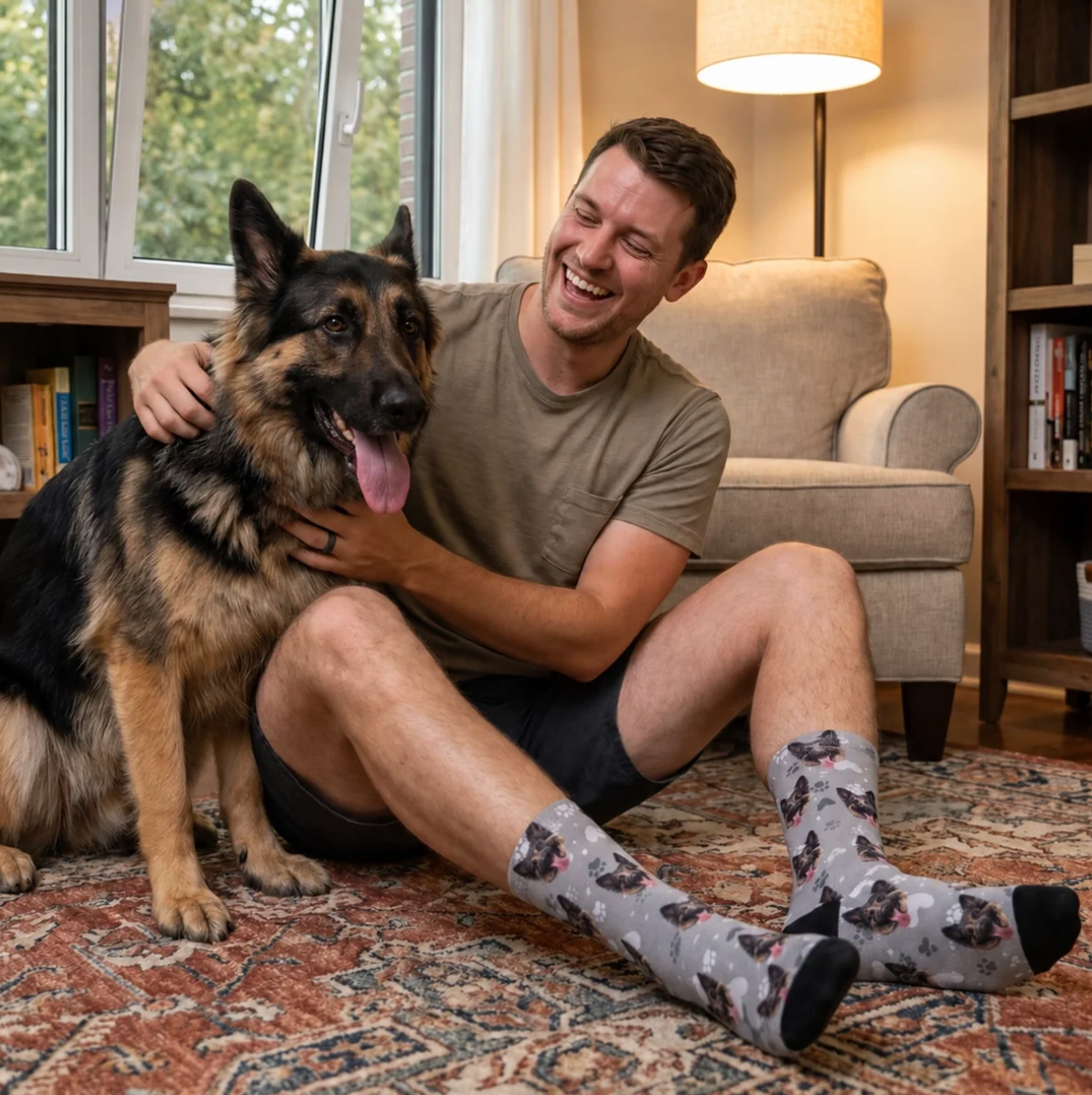 Calzini personalizzati grigi con motivo di cane e dettagli neri e rosa, indossati da un uomo con un cane.