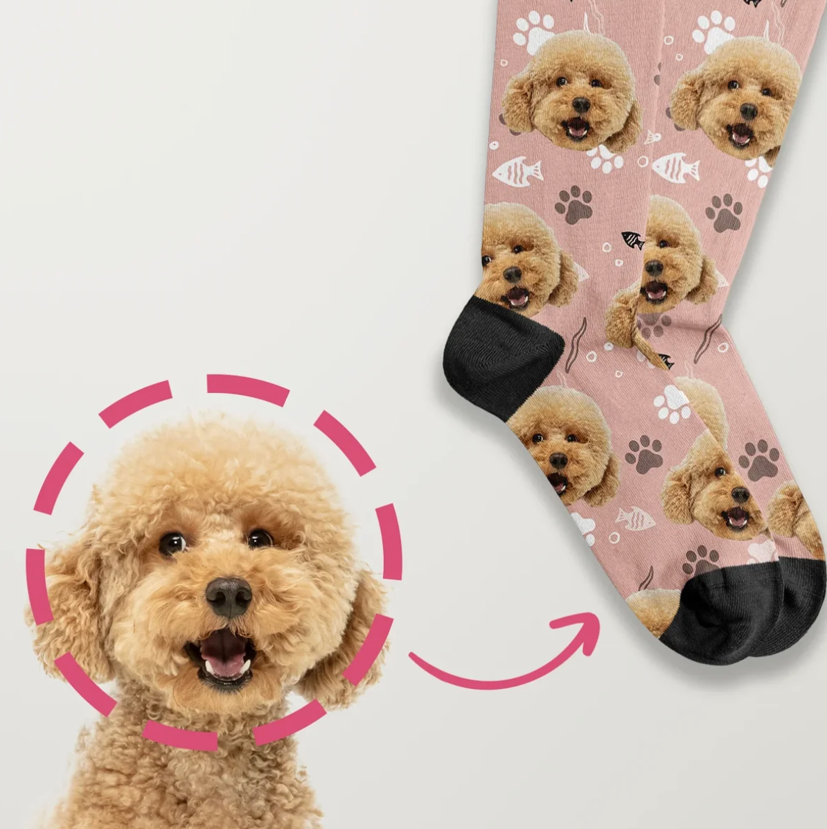 Calzini personalizzati con foto di un cane su sfondo rosa e polsino nero.