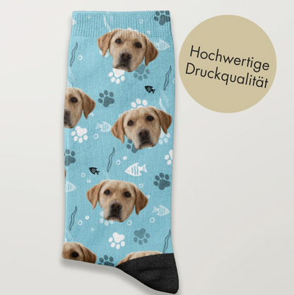 Calzini blu con motivo di cane e impronte, stampa di alta qualità.