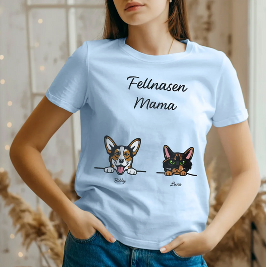T-shirt blu per genitori di animali con motivo di corgi e gatto e il testo "Fellnasen Mama".