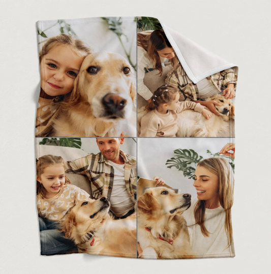 Coperta per animali personalizzata con foto di un cane e di una famiglia in quattro immagini quadrate.