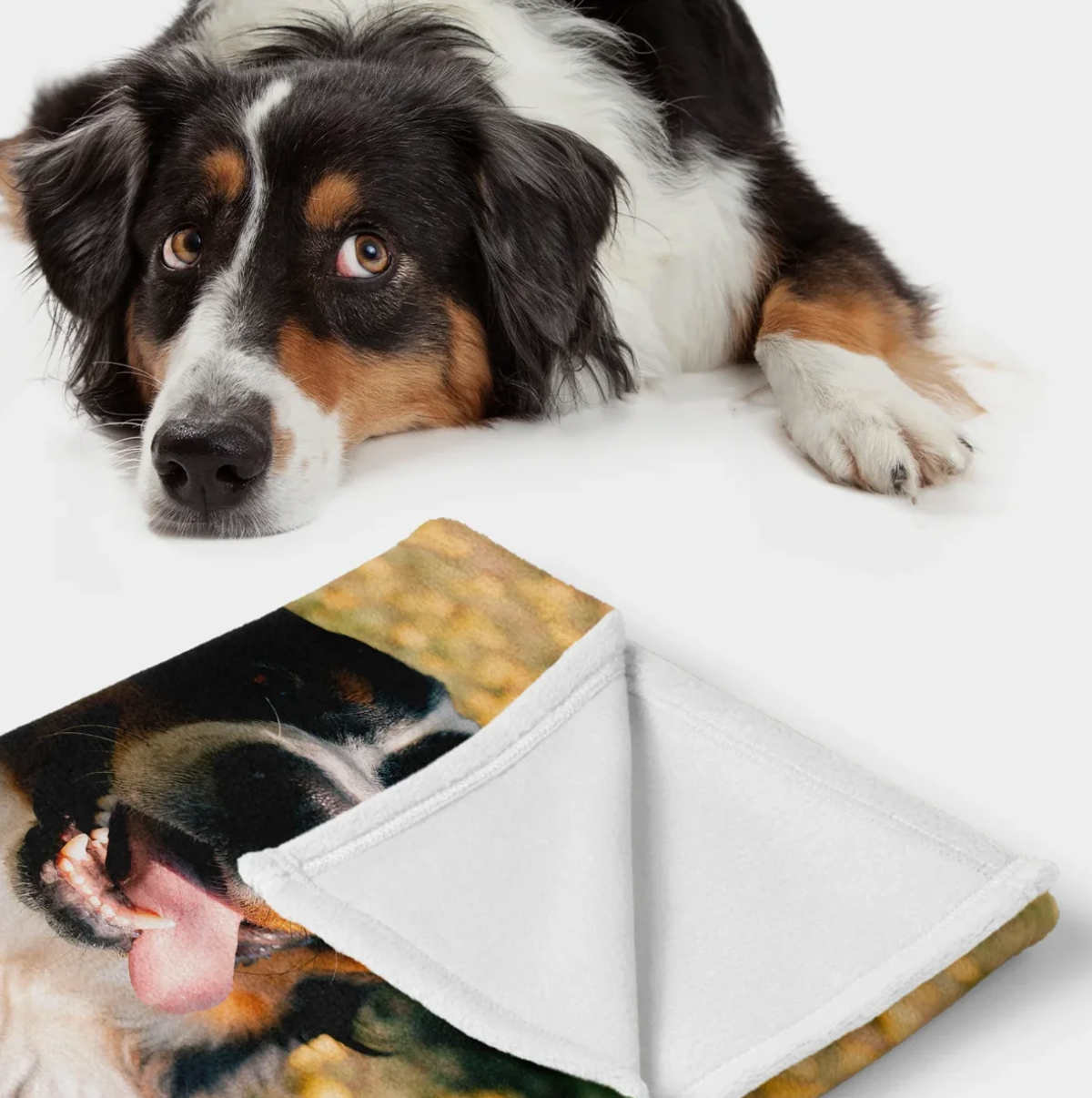 Coperta per animali personalizzata con motivo di cane stampato e morbida fodera bianca.