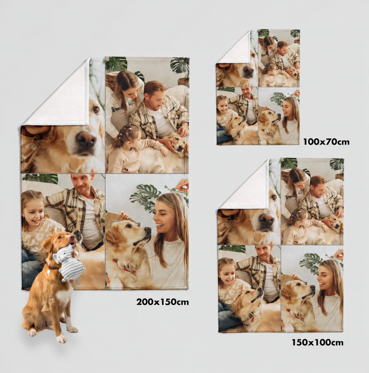 Coperta per animali personalizzata in diverse misure con foto di famiglia e cane, materiale morbido.