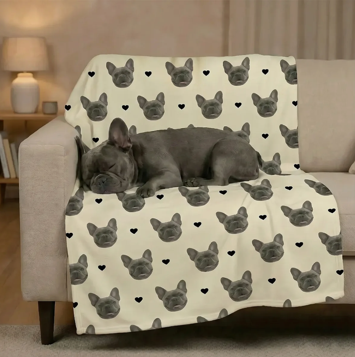 Coperta personalizzata con teste di animali su sfondo beige, cane rilassato sopra.