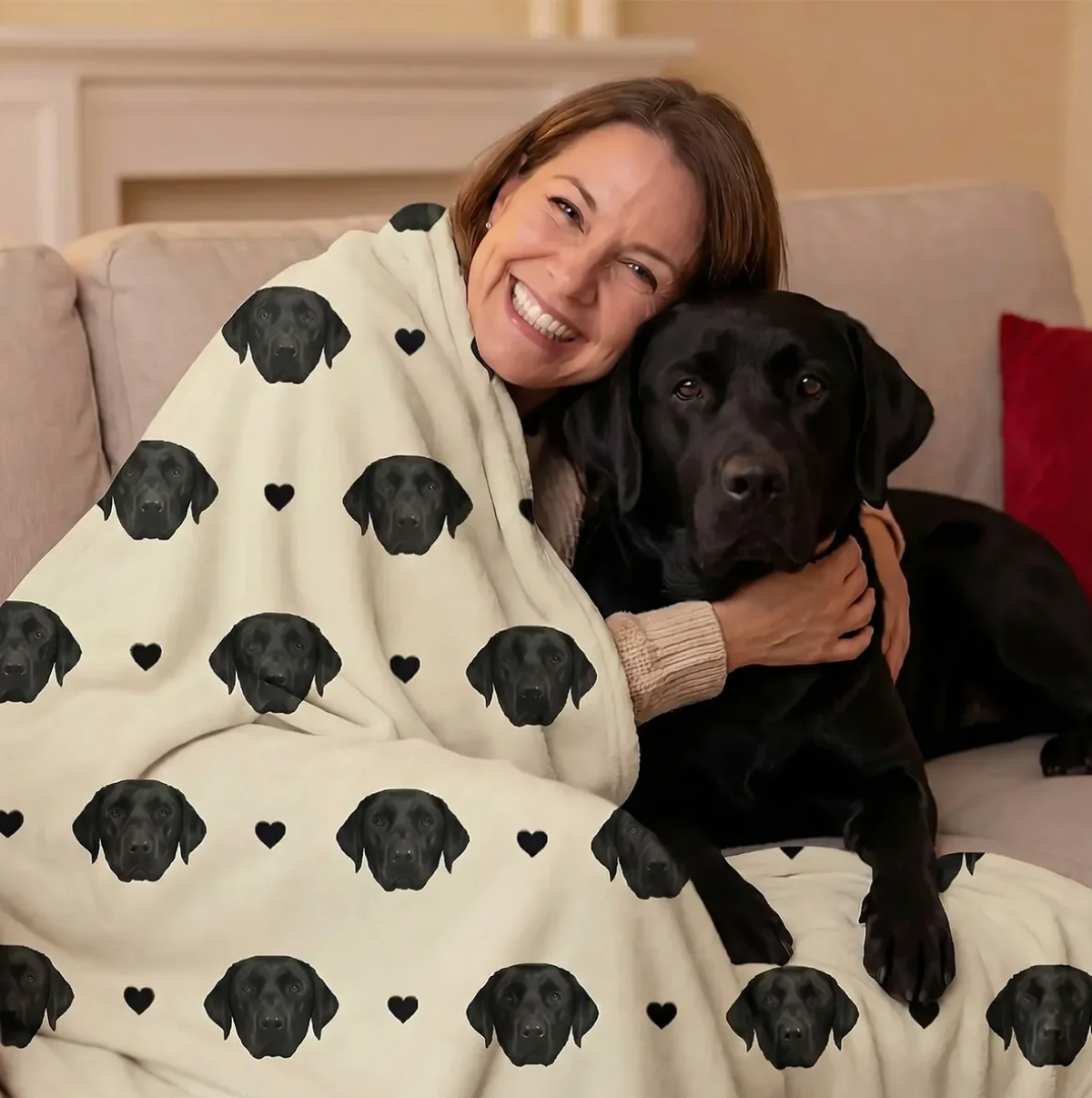 Coperta personalizzata con teste di cani nere su sfondo beige, che avvolge una donna sorridente.