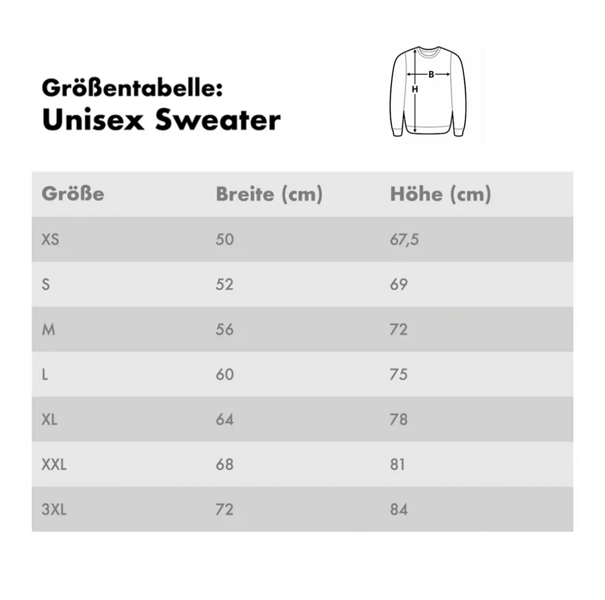 Tabella taglie per felpe unisex con misure in cm dalla XS alla 3XL.