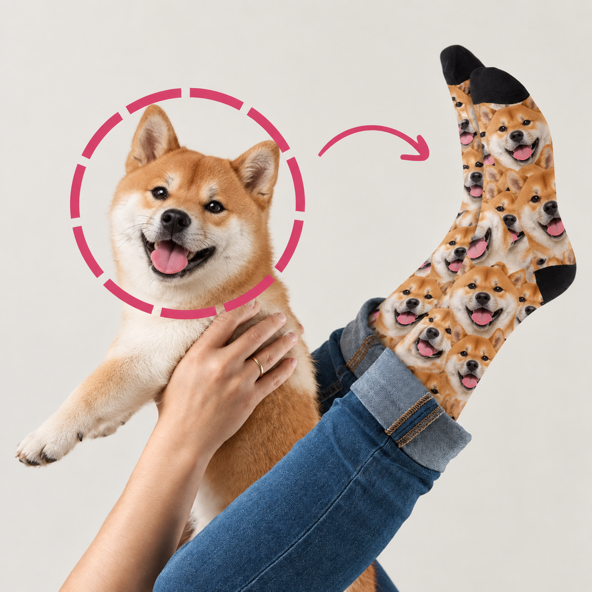 Calzini personalizzati con fantasia fotografica di shiba inu, marrone chiaro con dettagli neri.